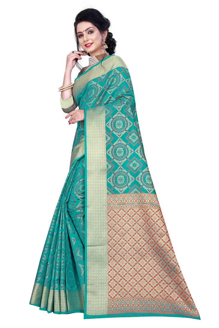 Sea Green Woven Banarasi Saree With Blouse
