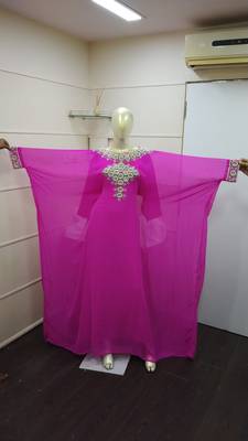 Rani-Pink  Zari Work Chiffon Polyester Islamic Party Wear Festive Kaftan Farasha 1