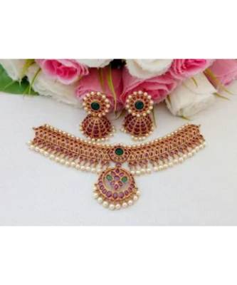 Gorgeous Designer Matt Finish Choker With A Pair Of Beautiful Jhumkas 1
