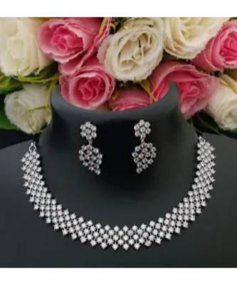 Eye Catching American Diamond Necklace With A Pair Of Beautiful Mango Design Ear Rings - Platinum Finish 1
