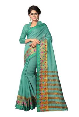 Sea Green Woven Cotton Silk Saree With Blouse 1