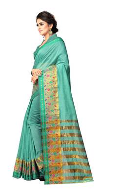 Sea Green Woven Cotton Silk Saree With Blouse 2