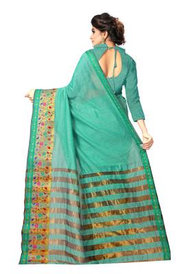 Sea Green Woven Cotton Silk Saree With Blouse 3