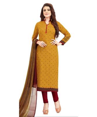 yellow printed synthetic unstitched salwar with dupatta 1