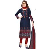 blue printed synthetic unstitched salwar with dupatta