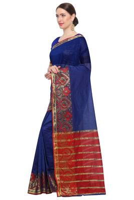 Blue Woven Cotton Silk Saree With Blouse 3