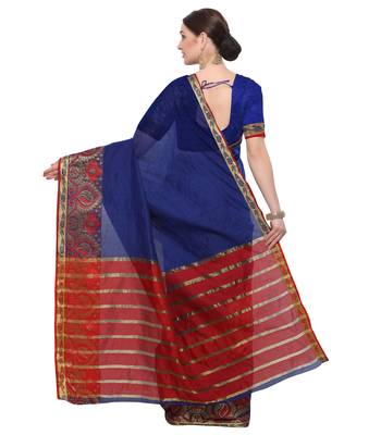 Blue Woven Cotton Silk Saree With Blouse 4
