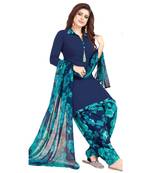 blue printed synthetic unstitched salwar with dupatta