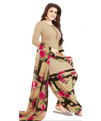 beige printed synthetic unstitched salwar with dupatta 1
