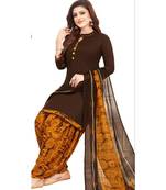 brown printed synthetic unstitched salwar with dupatta