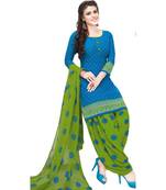 blue printed synthetic unstitched salwar with dupatta