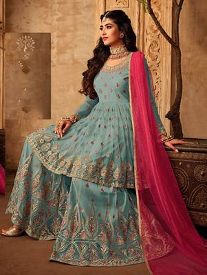Sky Blue Wedding Wear Designer Plazo Suit  1