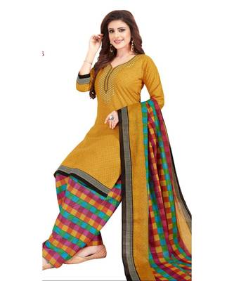 yellow printed synthetic unstitched salwar with dupatta 1