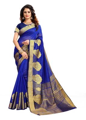 Blue Woven Cotton Silk Saree With Blouse 1