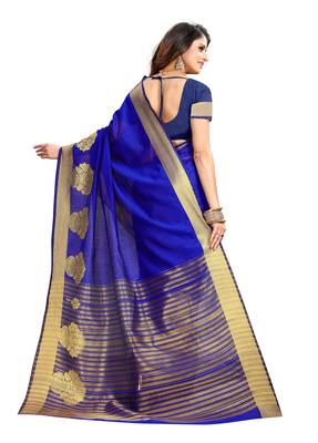 Blue Woven Cotton Silk Saree With Blouse 3