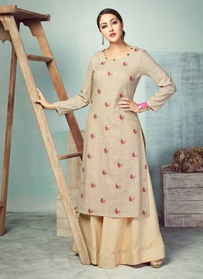 Beige Printed Cotton Kurti 1