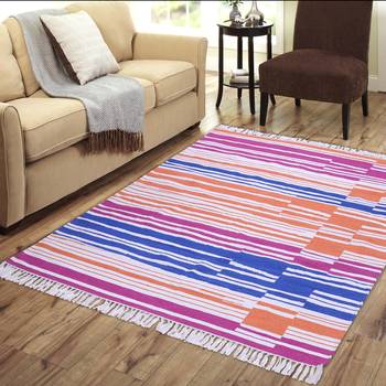 Multicoloured Cotton Stripe Patterned Hand Woven Rectangle Carpet 1