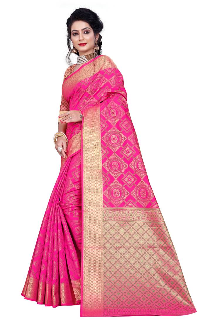 Pink Woven Banarasi Saree With Blouse