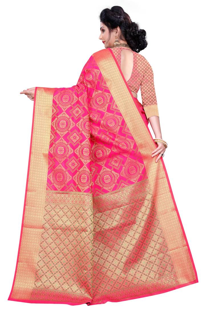 Pink Woven Banarasi Saree With Blouse