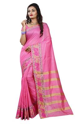 Pink Woven Cotton Silk Saree With Blouse 1