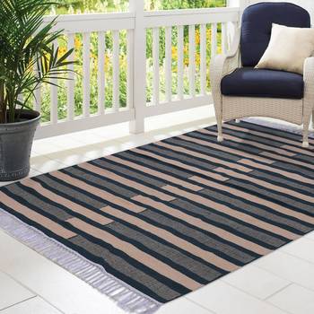Dark Green and Beige Cotton Stripe Patterned Hand Woven Rectangle Carpet 1