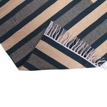 Dark Green and Beige Cotton Stripe Patterned Hand Woven Rectangle Carpet 2