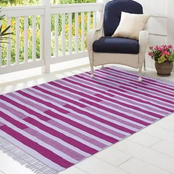 Pink and Beige Cotton Stripe Patterned Hand Woven Rectangle Carpet 1