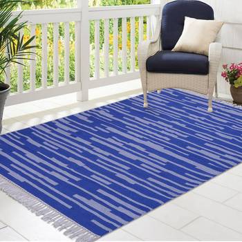 Blue and Grey Cotton Stripe Patterned Hand Woven Rectangle Carpet 1