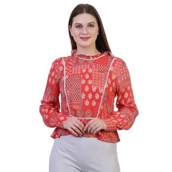 Red Printed Viscose Rayon Party Top  1