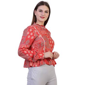 Red Printed Viscose Rayon Party Top  3