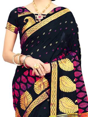 Black Woven Cotton Silk Saree With Blouse 3