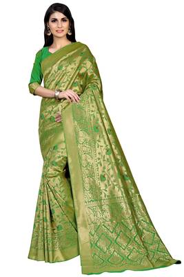 Green woven banarasi saree with blouse 1