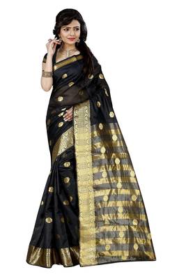 Black Woven Cotton Silk Saree With Blouse 1