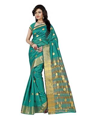Sea Green Woven Cotton Art Silk Saree With Blouse 1
