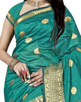 Sea Green Woven Cotton Art Silk Saree With Blouse 2