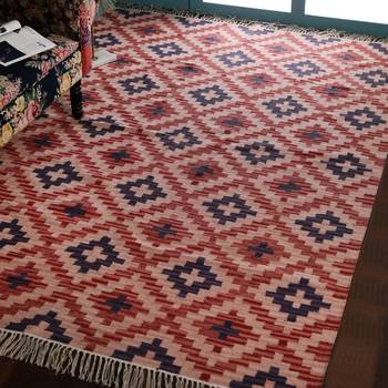 Multicolour Jute Geometric Patterned Hand Woven Carpet 1