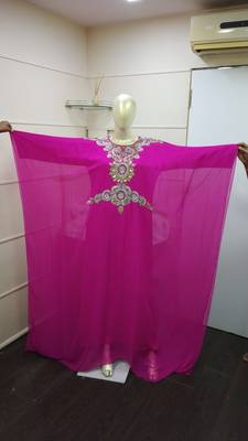 Pink-Rani Zari Work Chiffon Polyester Islamic Party Wear Festive Kaftan Farasha 1