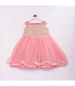 Peach fashionable girls net with pearls on front , flared party gown 
