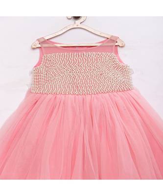 Peach fashionable girls net with pearls on front , flared party gown  2