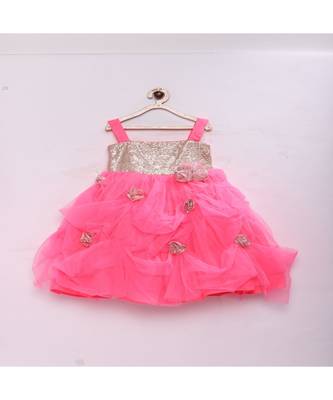 Pink fashionable girls sequence with net flared party gown 1