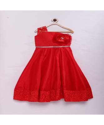 Red fashionable girls raw silk flared party gown 1