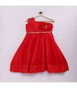 Red fashionable girls raw silk flared party gown