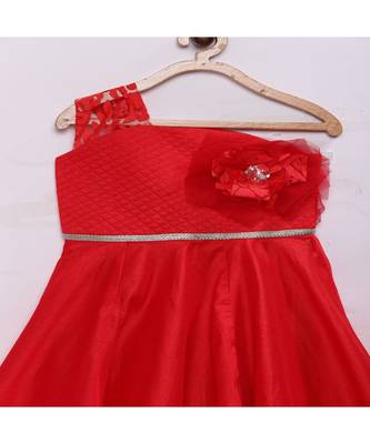 Red fashionable girls raw silk flared party gown 2