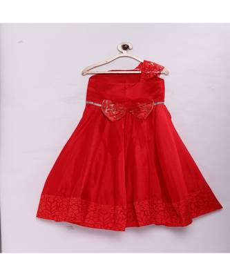 Red fashionable girls raw silk flared party gown 3