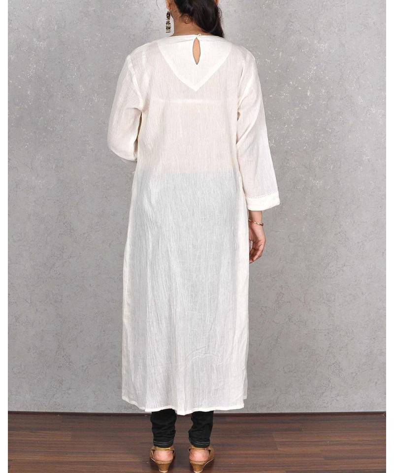 White Cotton Embroidered Kurta