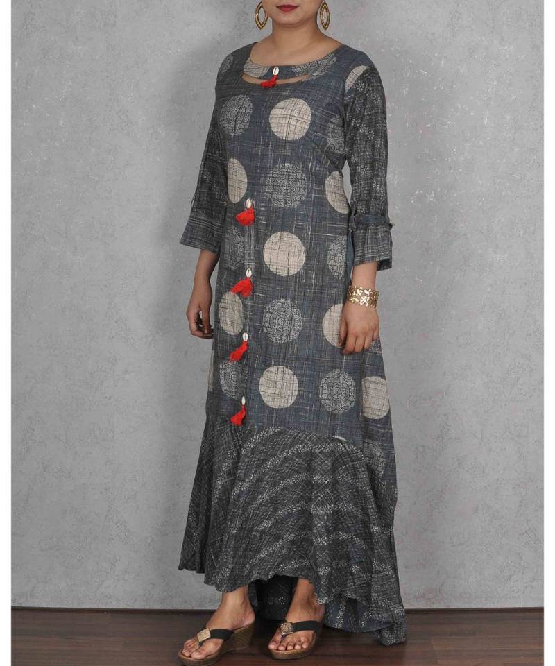 Grey & Black Rayon Printed Dress