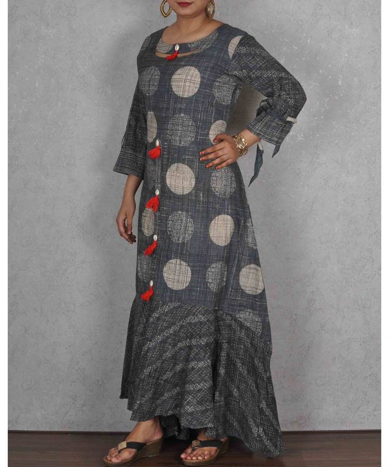 Grey & Black Rayon Printed Dress