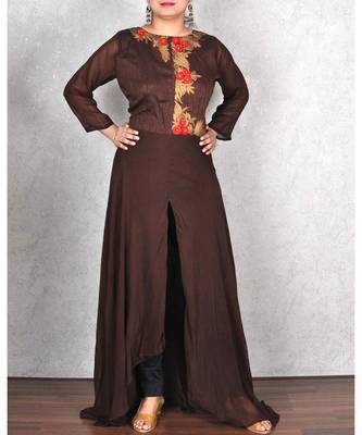 Brown Georgette Embroidered Dress 1