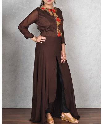 Brown Georgette Embroidered Dress 2