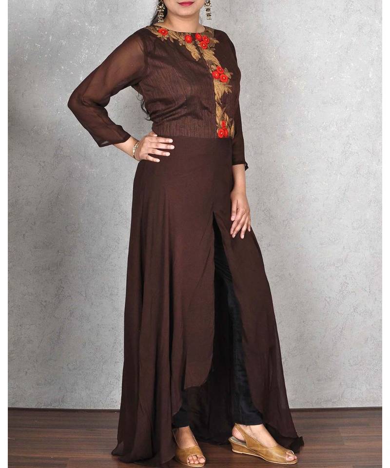 Brown Georgette Embroidered Dress